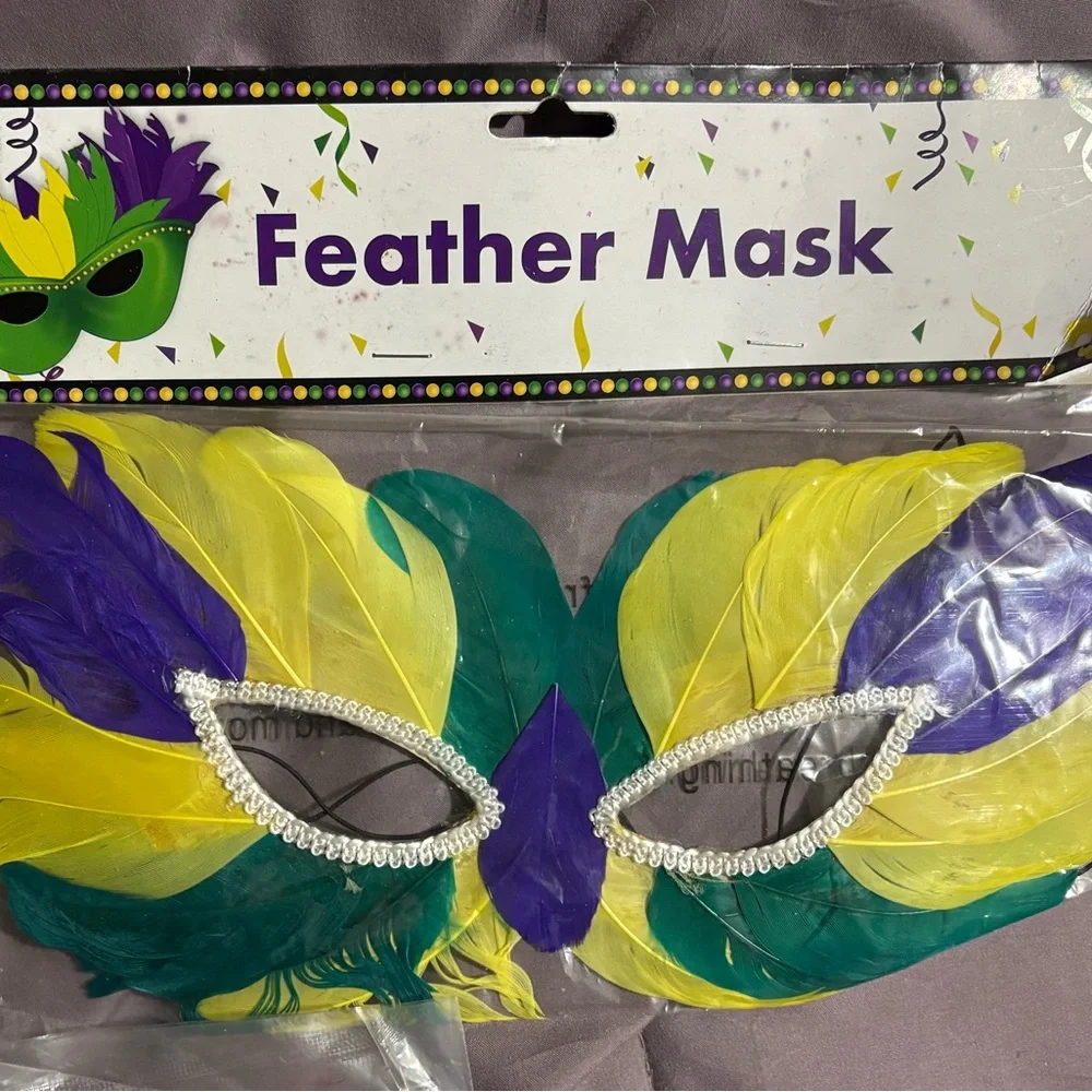 Mardi Gras Style Feather Party Mask - Yellow Green Purple